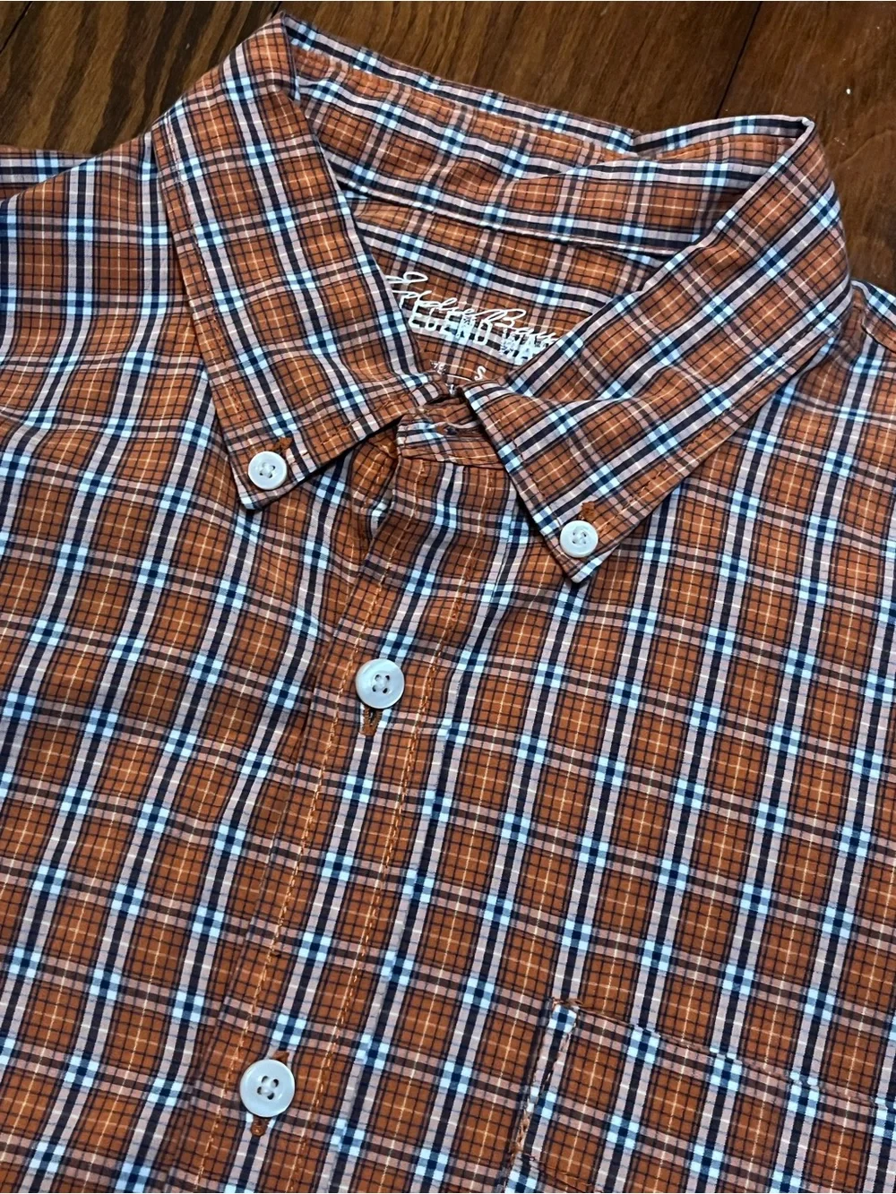 Eddie Bauer Orange Plaid Button-Down Shirt with White & Blue Stripes